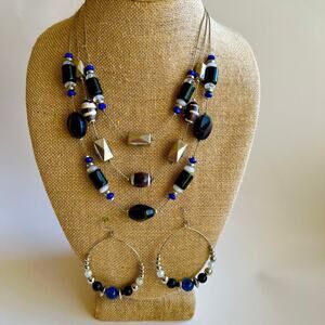 Set Silver Tone Multi Strand Navy Blue Beaded Station Necklace+ Earrings
